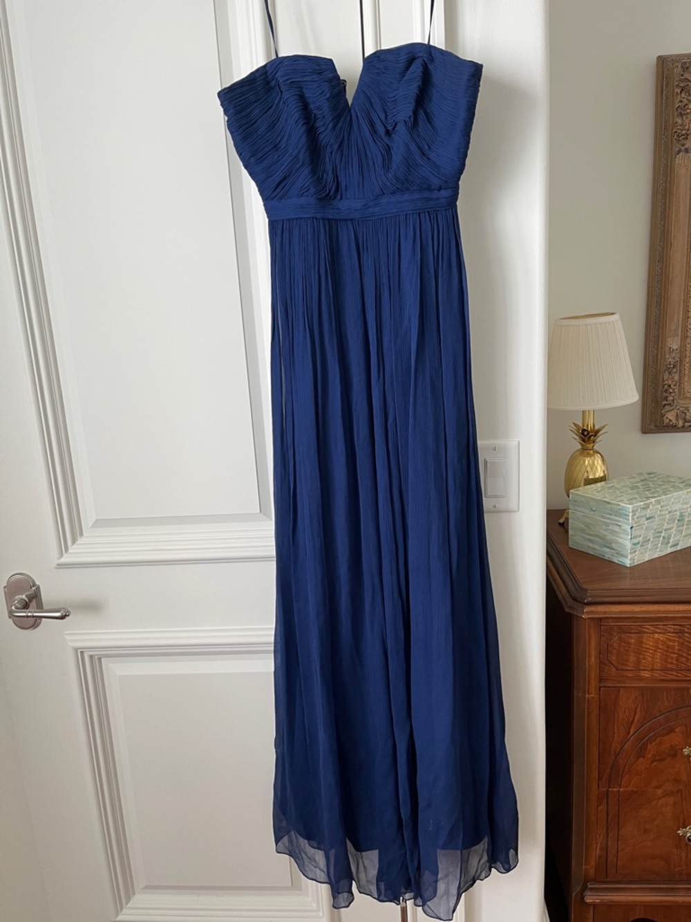 Blue strapless silk organza long gown